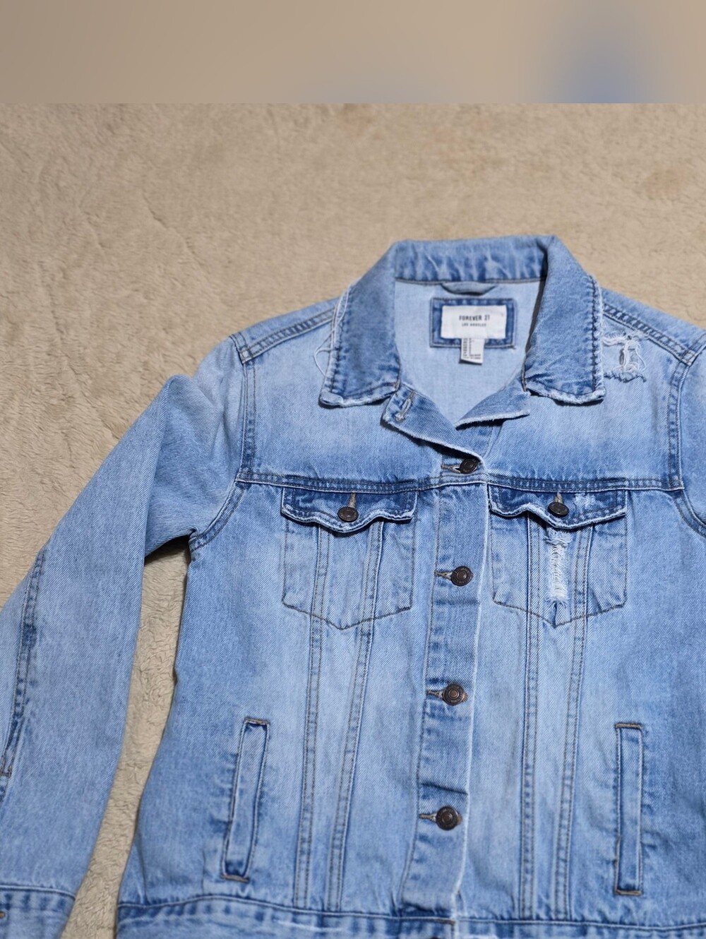 Forever 21 Denim Jacket Womens Small S J'adore Le Rock N Roll Graphic Distressed